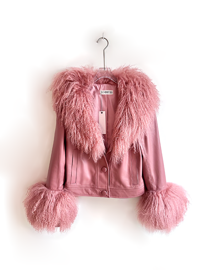 GENUINE LEATHER & MONGOLIAN FUR JACKET - BLUSH PINK