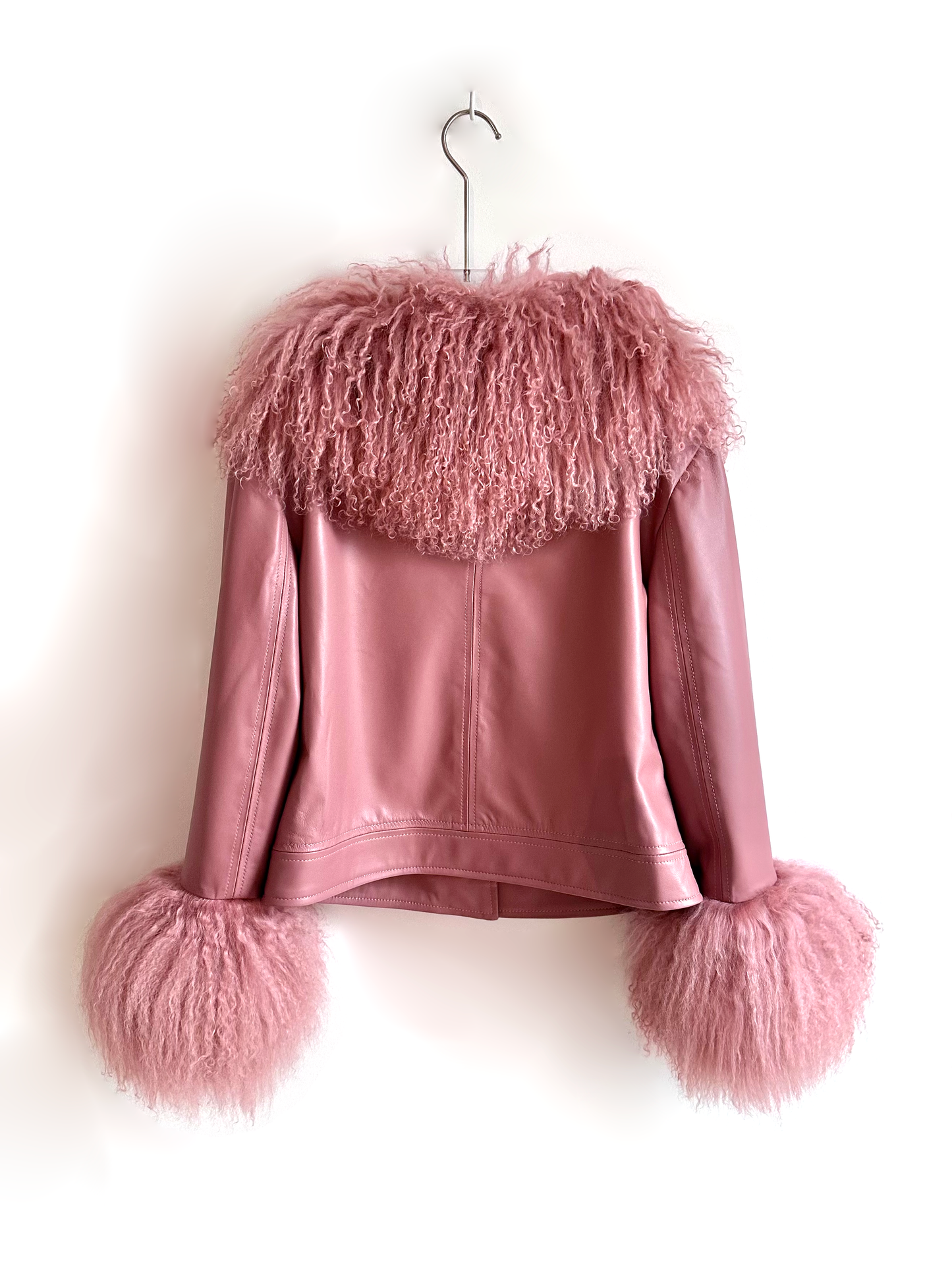 GENUINE LEATHER & MONGOLIAN FUR JACKET - BLUSH PINK