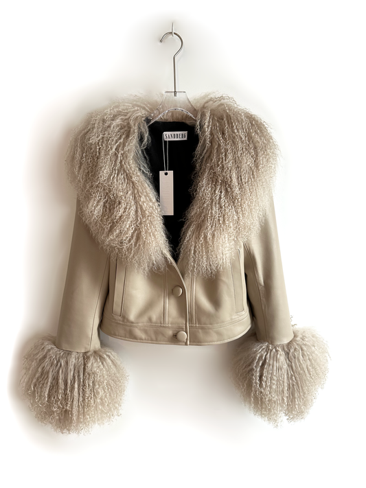 GENUINE LEATHER & MONGOLIAN FUR JACKET - CARAMEL BEIGE