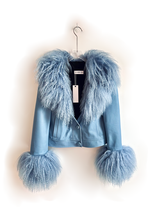 GENUINE LEATHER & MONGOLIAN FUR JACKET - BLUE